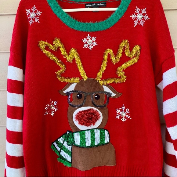 EUC Ugly Christmas Rudolph sweater size XL Red/green/brown‎ - Picture 2 of 5